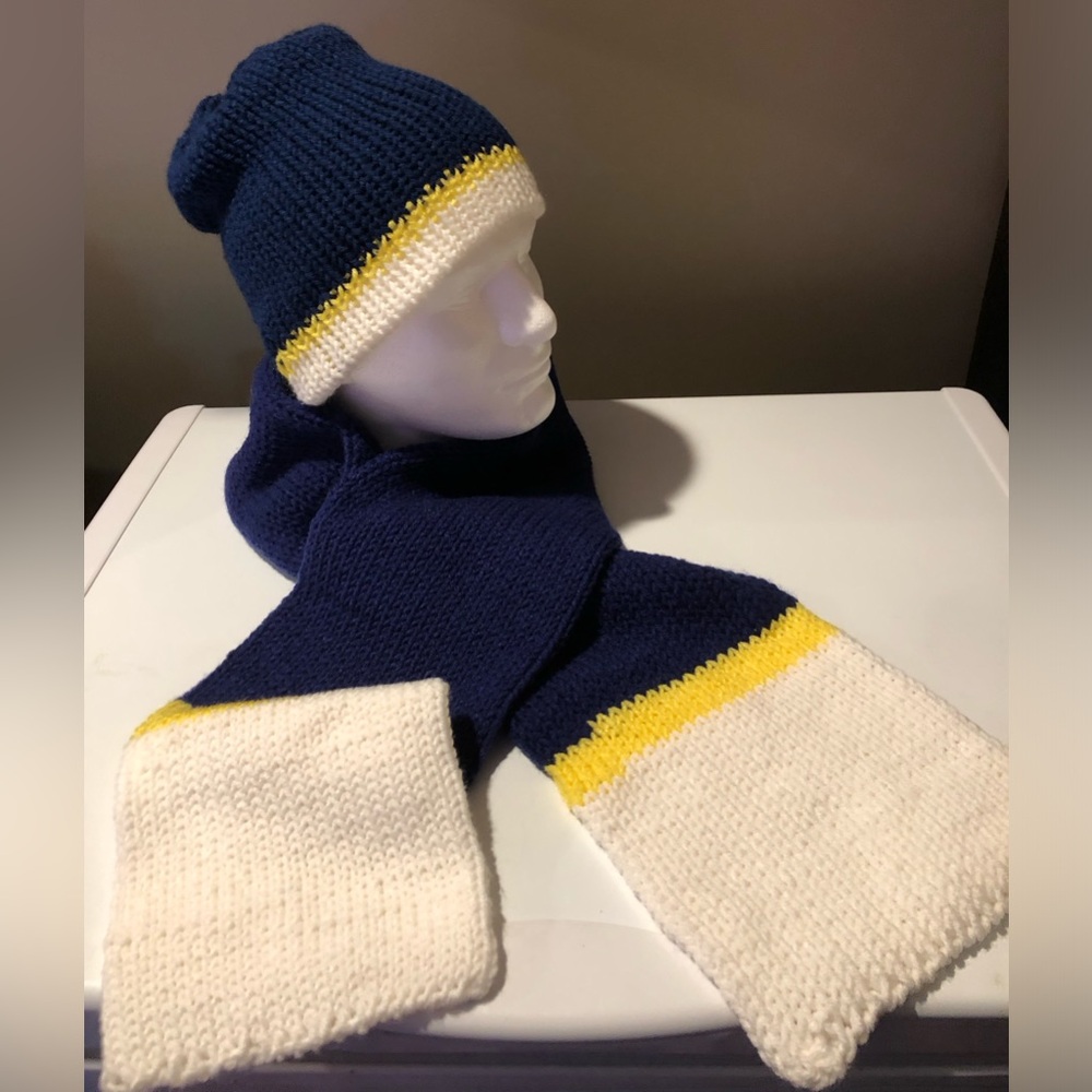 New Handmade Hat and scarf combo blue/white/yellow